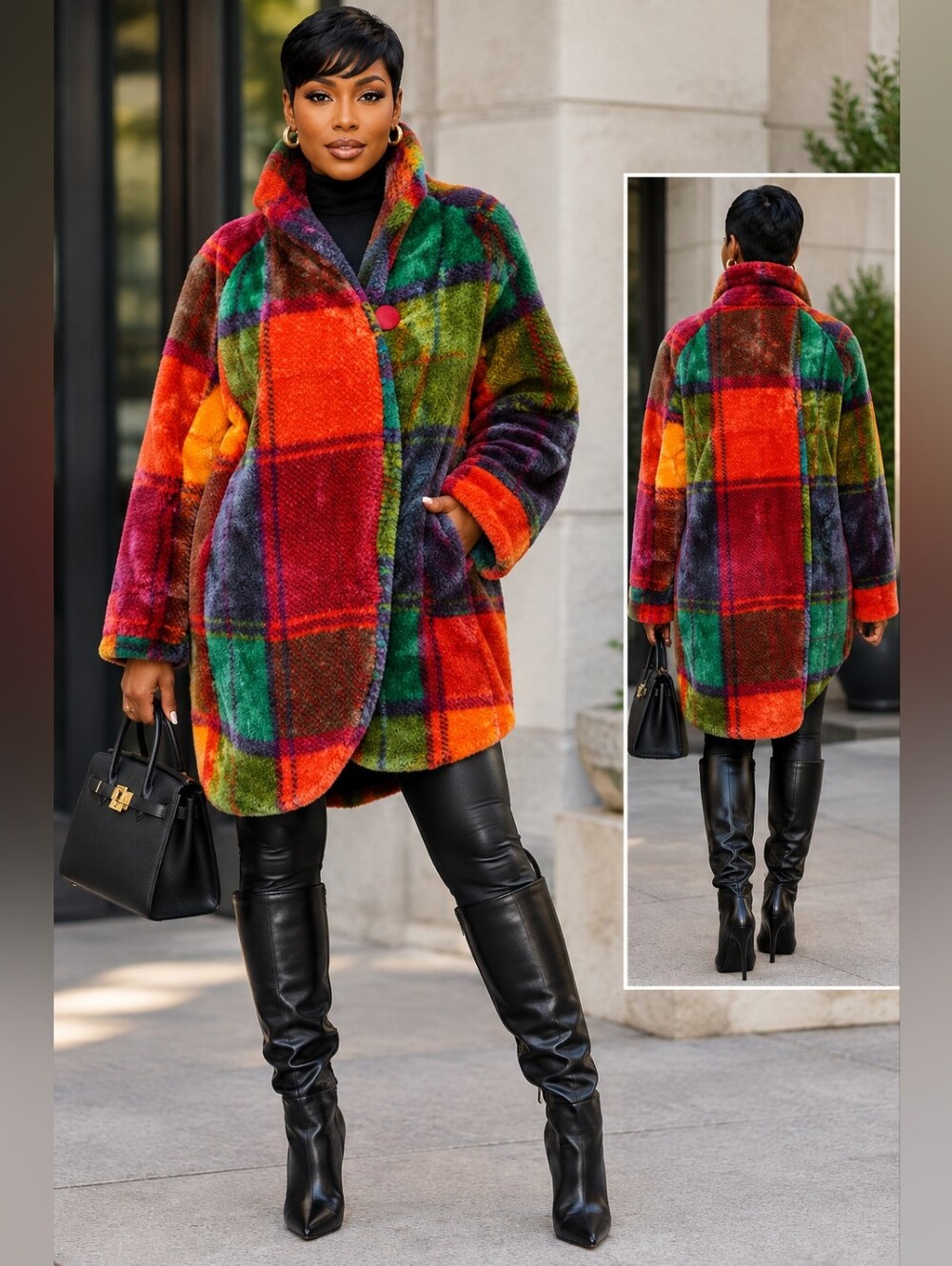 Vintage Monterey Fashions Plaid Faux Fur Coat   Sz L 😮‍💨🔥🫰🏾